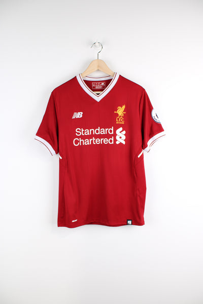 Vintage Liverpool 2017/18, New Balance Home Football Kit, 125 years shirt, v neck, Coutinho number 10 printed on the back, Premier League badges on either sleeve, and has embroidered logos on the front.
