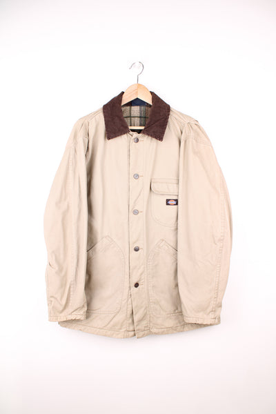 Dickies cream heavy duty cotton chore jacket in cream, features multiple pockets, corduroy collar and blanket lining