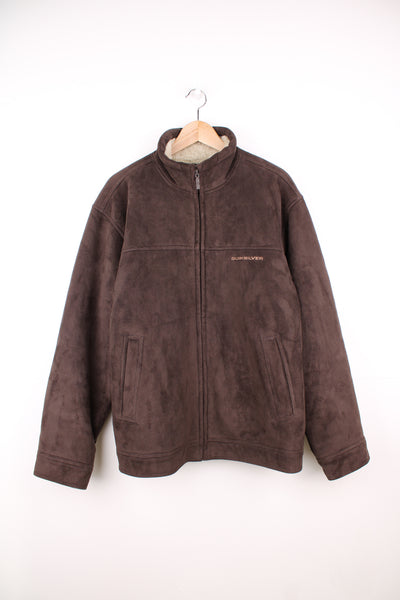 Quiksilver brown faux suede, zip through bomber style coat. Features faux shearling lining and embroidered logo on the chest