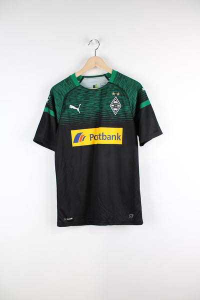 Borussia Monchengladbach 2018/19, Puma Away Football Shirt, black and green colourway, and has logos printed throughout the shirt. 