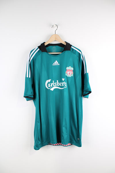 Liverpool 2008/09, Adidas Third Football Shirt, green, white and black colourway, Robbie Keane number 7 printed on the back, and has embroidered logos on the front. 