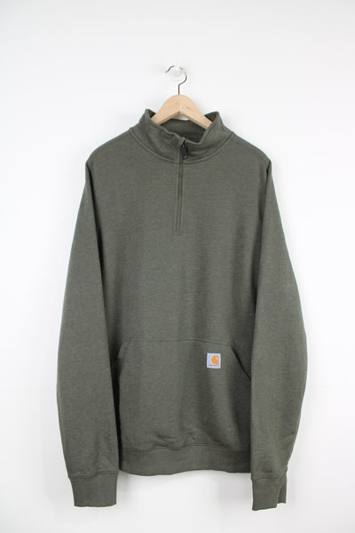 Carhartt khaki green 1/4 zip pullover sweatshirt with embroidered logo on the pocket