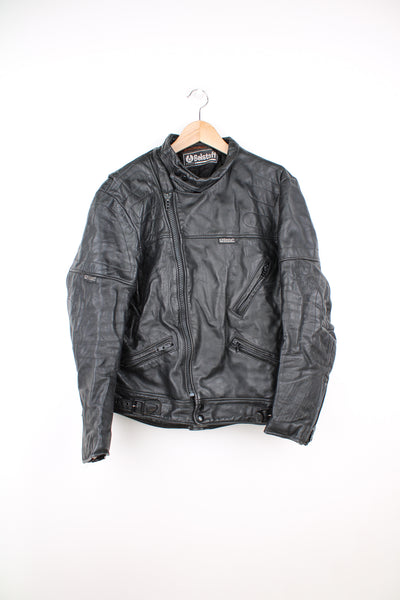 Vintage Belstaff Cafe Racer style black leather biker jacket, with multiple pockets and adjustable waistband buckles 