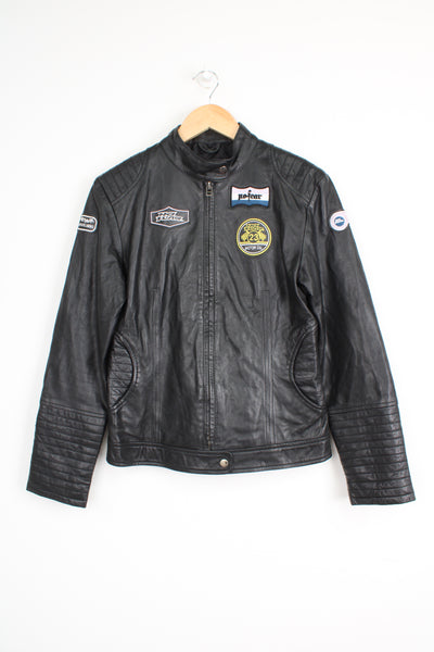 Vintage No Fear leather lightweight racer jacket with embroidered patches 