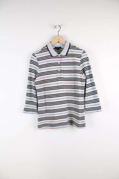 Vintage Burberry women's striped polo shirt features embroidered logo on the chest and 3/4 length sleeves