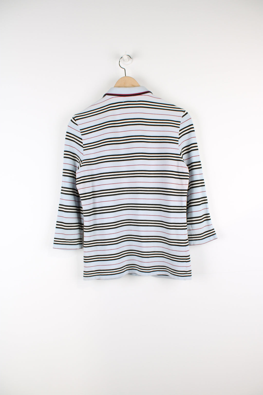Vintage Burberry women's striped polo shirt features embroidered logo on the chest and 3/4 length sleeves