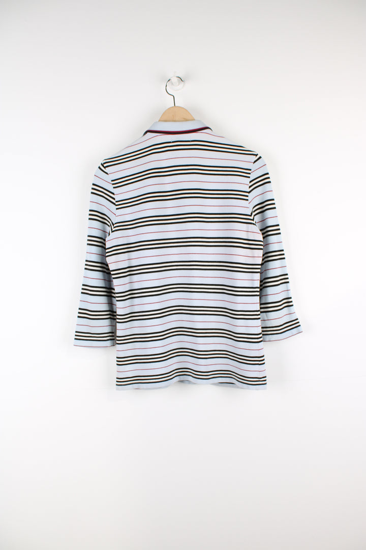 Vintage Burberry women's striped polo shirt features embroidered logo on the chest and 3/4 length sleeves
