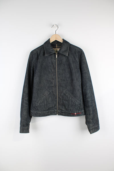 Vintage Thomas Burberry dark wash, zip through denim jacket. Features double pockets and embroidered spell-out logo on the hem