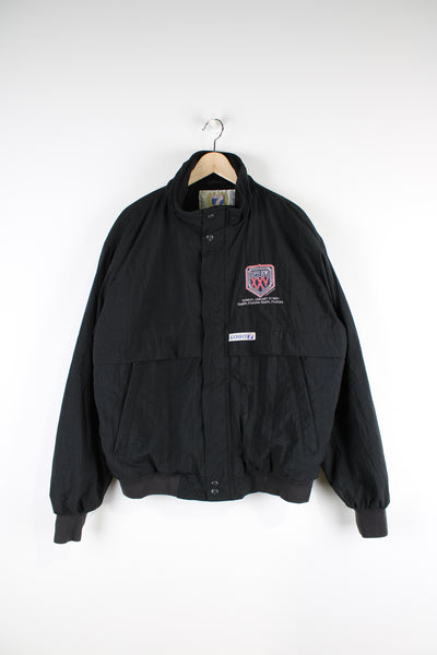 Vintage 90's Super Bowl XXV bomber jacket in black with fleece lining and embroidered Super Bowl logo on the chest and back. Made by Logo 7.  good condition  Size in Label:  L 
