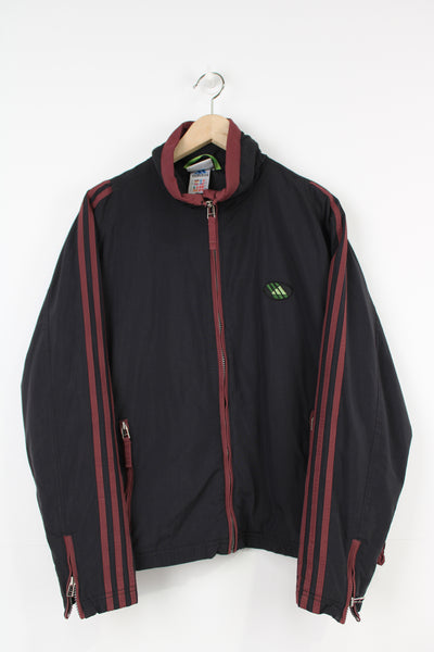 Vintage 90's Adidas black and maroon red zip through tracksuit top with three stripe details and embroidered logo on the front
