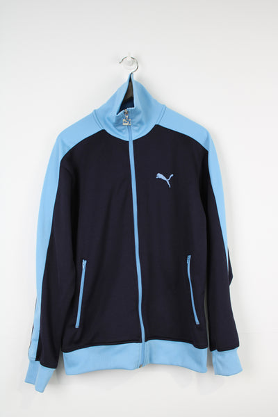 Navy blue Puma  zip through track top with light blue embroidered Puma logo on the chest