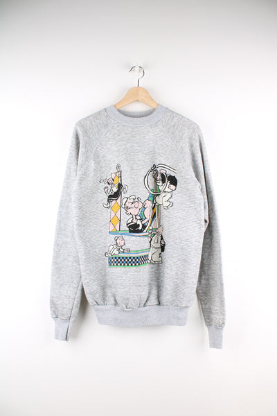 Vintage Popeye grey crewneck sweatshirt, features printed Popeye and friends graphic on the front, unbranded no labels. 