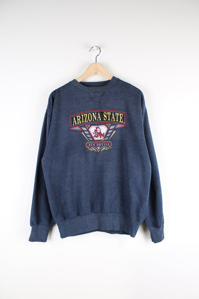 Vintage 90's Arizona State Sun Devils navy blue sweatshirt with embroidered team logo on the chest. Made by Midwest Embroidery.  good condition  Size in Label: Mens M 