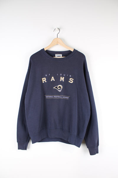 Vintage 90's St. Louis Rams navy blue sweatshirt with embroidered team logo on the chest. Made by Lee Sports. good condition - discoloration on the back of the collar (see photos)  Size in Label:  Mens M - Measures oversized