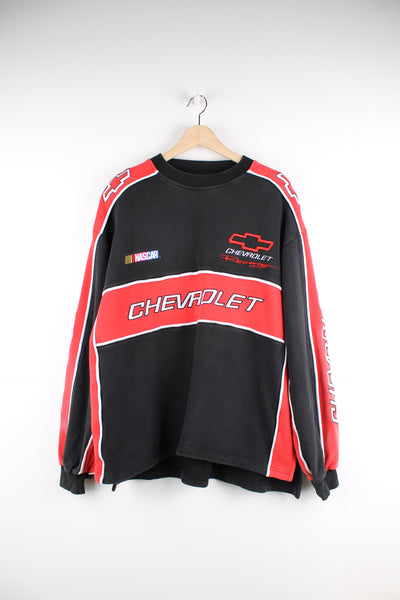 Vintage black and red Chevrolet x NASCAR crewneck sweatshirt, features embroidered sponsors/badges all over