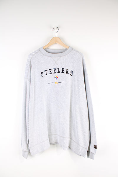 Vintage Pittsburgh Steelers grey ribbed sweatshirt with embroidered team logo on the chest. Sweatshirt made by NFL. good condition  Size in Label:   No Size Label - Measures like a mens XXL