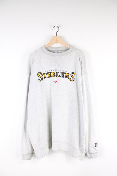 Vintage Pittsburgh Steelers grey ribbed/ brushed cotton sweatshirt with embroidered team logo on the chest. Sweatshirt made by NFL.  good condition  Size in Label:   XL - Measures more like a mens XXL