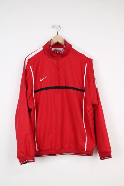 2000's Nike red pullover tracksuit top with 1/4 zip and embroidered swoosh logo on the chest