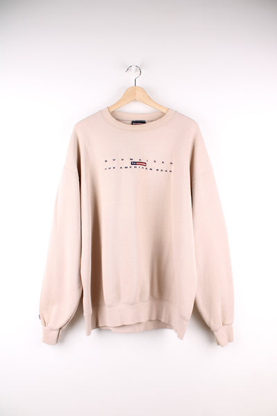 Vintage Budweiser 'The American Beer' tan crewneck sweatshirt by Jansport, features embroidered spell-out details across the front
