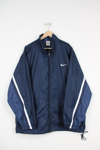 90's Nike navy blue light weight sports coat, with swoosh logo on the front and back