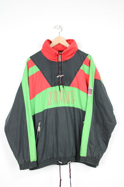 Vintage 80s black, green and red Puma zip through jacket with light green and yellow panels and embroidered logo