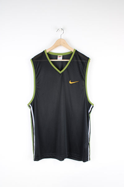 Vintage 90's Nike Mesh Vest Top, black and green colourway with orange embroidered swoosh logo, v neck, and is 100% nylon.