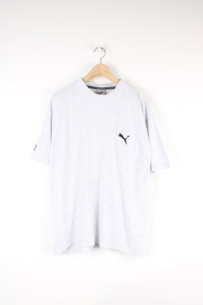 Vintage Puma T-shirt, plain grey colourway with black embroidered logos on the chest and sleeve. 