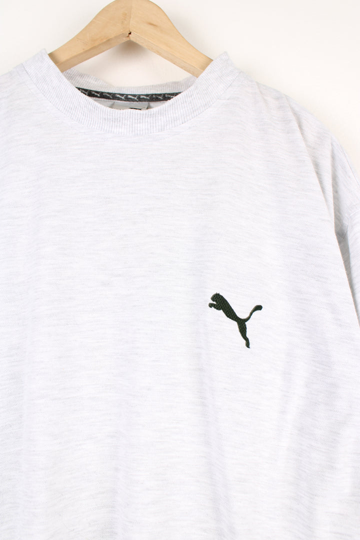 Vintage Puma T-shirt, plain grey colourway with black embroidered logos on the chest and sleeve. 