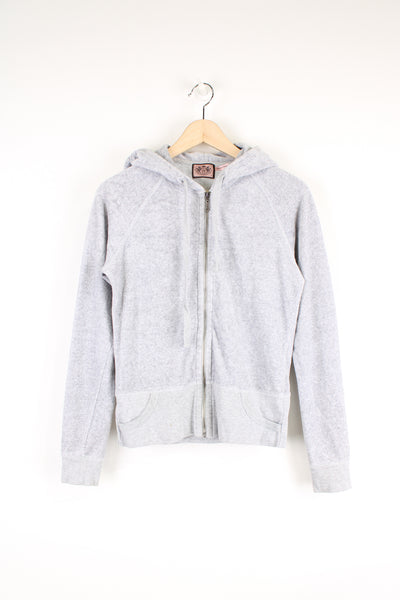 Grey velour zip through hoodie. Slim fit with branded with a J on the zip and pink diamante logo on the back.  good condition- faint mark on the front (see photos)  Size in Label:  M