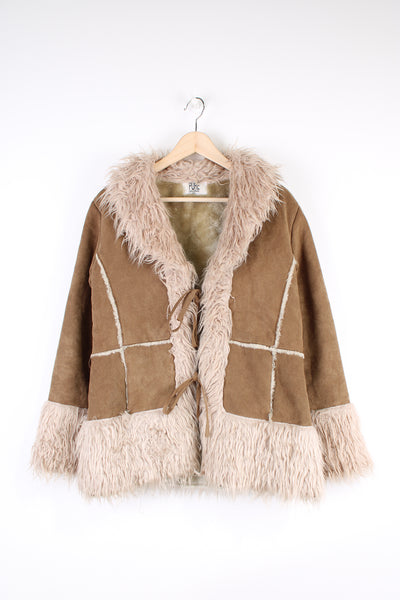 Vintage Y2K brown afghan coat made from faux sheepskin with cream faux fur trim. Closes with two ties at the front.  good condition  Size on Label:   12 - Measures like a Womens L