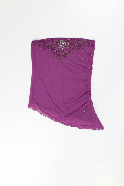 Y2K Next purple mesh strapless top with asymmetrical hemline and has sequin embellished detail at the front.   good condition  Size in Label:   Womens 8 (measurements taken un-stretched, made from stretchy material so could fit larger sizes)