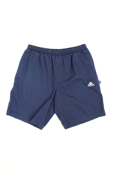Navy blue Adidas three stripe cotton casual shorts with an embroidered logo on the pocket