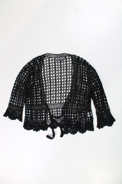 Crochet knit top/ cardigan in black with black glittery thread throughout.
