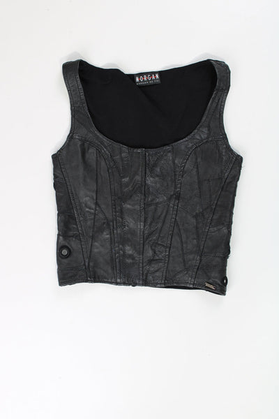 Y2K Morgan De Toi Black leather patchwork top. The back of the top is made from a stretchy polyester.   good condition  Size in Label:   No Size - Measures like a size S/M (measurements taken un-stretched, made from stretchy material so could fit multiple sizes)