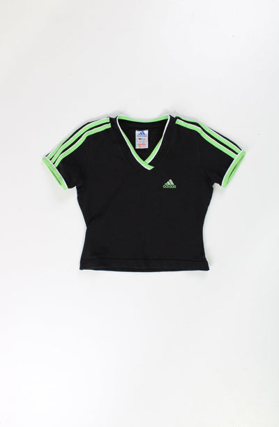 Y2K 00's Adidas tight fitted cropped t-shirt. Features embroidered logo on the chest and lime green three stripe detail on the arms.   good condition  Size in Label:   Womens Size 12 - Measures like a size M (measurements taken un-stretched, made from stretchy material so could fit multiple sizes)