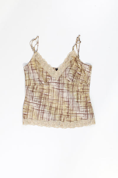 Vintage Coast Y2K silk cami top in brown geometric print, with lace detail on the neck and hem. Has adjustable shoulder straps.  good condition  Size in Label:   Womens 16 - Measures more like a 14 (XL)