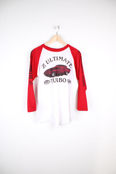Vintage early 80's white and red, single stitch baseball style tee with blue " Z ultimate turbo" graphic on the front and "Winston Championship Auto Show" on the back by Cal Cru 