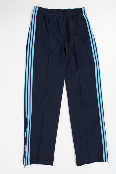 Vintage 80's Adidas Ventex navy and baby blue tracksuit bottoms with elasticated waistband, signature three stripes and zip up cuffs