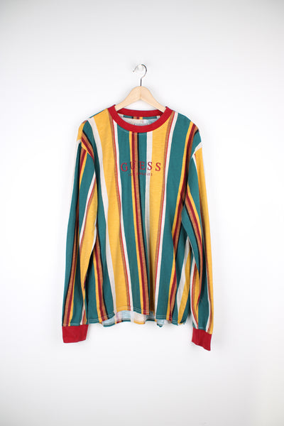 Guess green and yellow striped cotton long sleeve t-shirt with embroidered spell-out logo across the chest