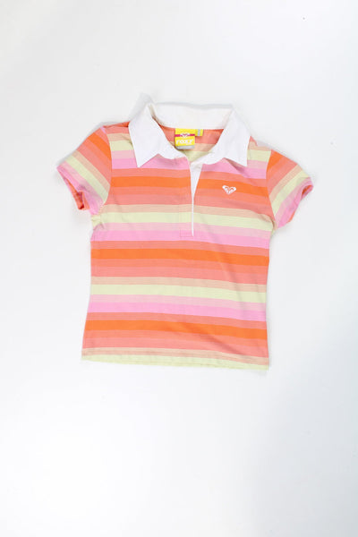 Y2K Roxy Quiksilver  tight fitted cropped polo t-shirt. Features embroidered logo on the chest and pink, yellow and orange horizontal design.   good condition  Size in Label:   3 - Measures like a womens size M (measurements taken un-stretched, made from stretchy material so could fit multiple sizes)
