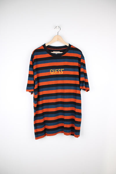 Guess blue and orange striped cotton t-shirt with embroidered spell-out logo across the chest