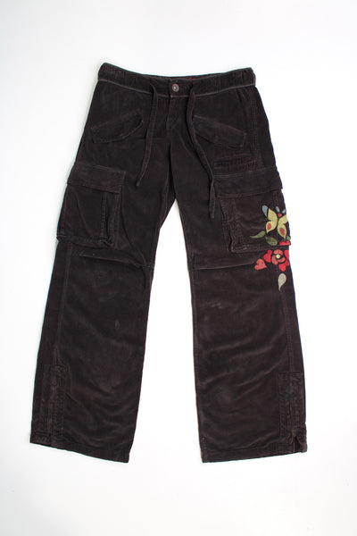 Y2K Desigual mid rise, brown velvet, flared cargo trousers. Features floral embroidery throughout.  good condition   Size in Label:  40 - Measures more like a womens M
