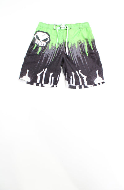 Green and black No Fear board shorts / swimming trunks. drawstring for the waist with embroidered skull logo on the front