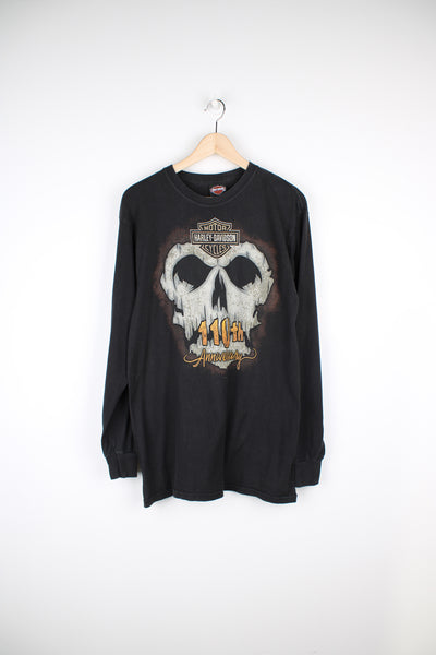 Vintage Harley Davidson 110th anniversary, Milwaukee long sleeve black t-shirt with skull graphic on the front and spell-out on the back