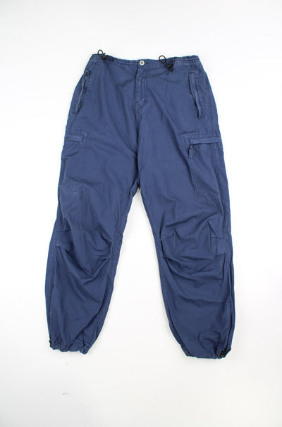 Y2K navy blue cargo trousers by Bench, features multiple pockets and adjustable waistband and cuffs 