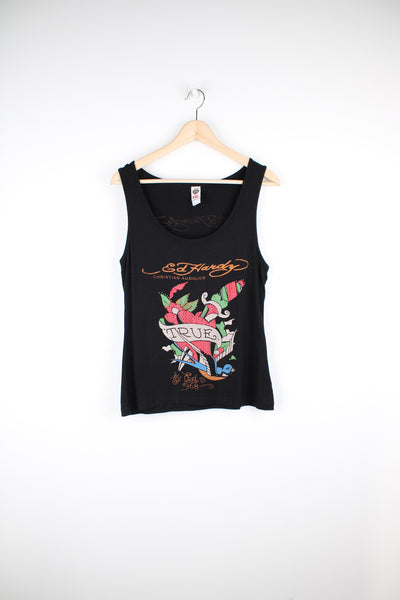 Y2K Ed Hardy vest top in black, features tattoo style "True Love" pierced heart graphic on the front with jewels