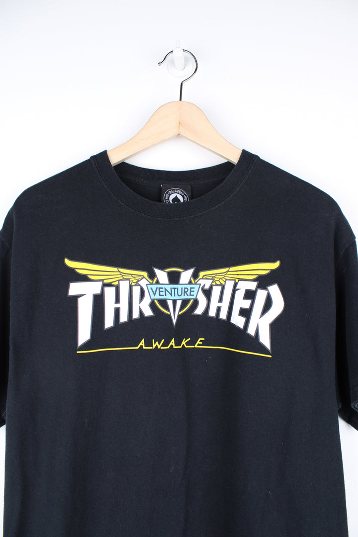 Thrasher X Venture black t-shirt with spell-out logo printed across the chest
