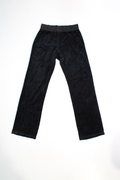 Y2K Juicy Couture black velour tracksuit bottoms with drawstring waistband and diamante "Juicy" along the back.  good condition  Size in Label:  Womens M - Measures more like a S