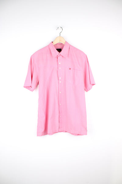 Quiksilver pink button up striped shirt with chest pocket, embroidered logo and printed design on the back of the shoulder