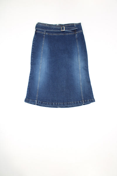 Vintage Y2K denim midi skirt with silver buckle detail at the front. Could be worn mid or low rise depending on measurements.  good condition - small mark on the front (see photos)  Size in label:   36 - Womens size 8 (S)